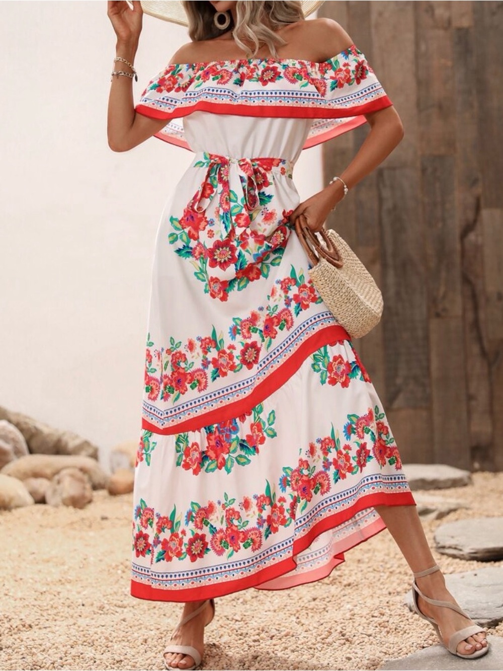 Off-Shoulder White Floral Maxi Dress with Red Trim